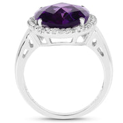Bids.com 7.94 Carat Genuine Amethyst and White Diamond .925 Sterling Silver Ring Rings