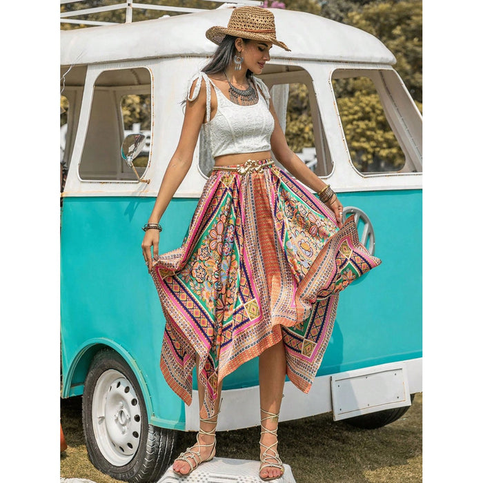 Printed High Waist Handkerchief Hem Skirt