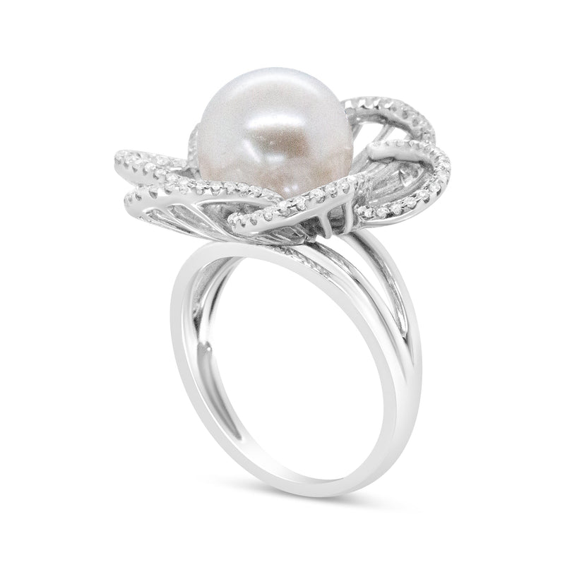 Bids.com 14K White Gold 11mm Round Pearl and 1/3 Cttw Round Diamond Openwork Flower Blossom Ring (H-I Color, VS1-VS2 Clarity) - Size 6.50 Rings White Smoke 6 / White.Gold