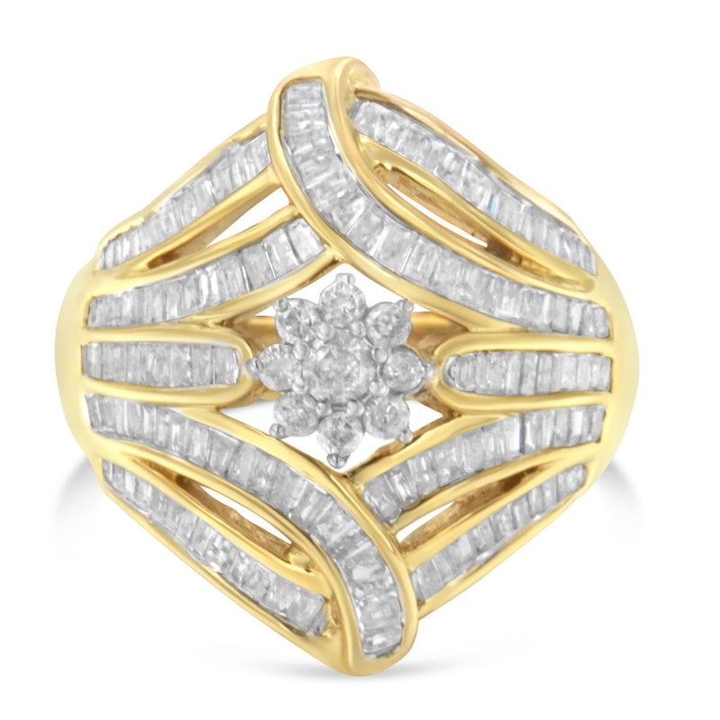 Bids.com 10K Yellow Gold Flashed .925 Sterling Silver 1-1/8 Cttw Round & Baguette Diamond 'Flower & Fern' Cluster Cocktail Fashion Ring (I-J Color, I2-I3 Clarity) - Size 6 Rings