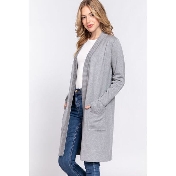 ACTIVE BASIC Open Front Rib Trim Long Sleeve Knit Cardigan