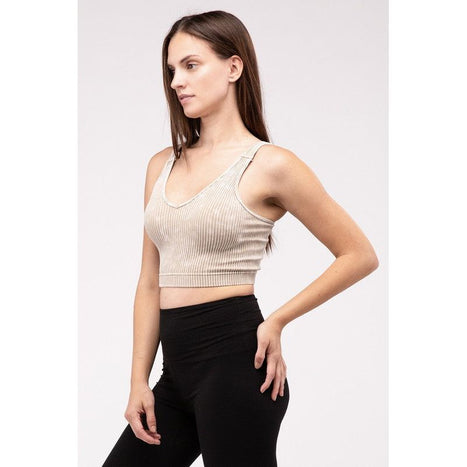 Washed Ribbed Cropped V-Neck Tank Top