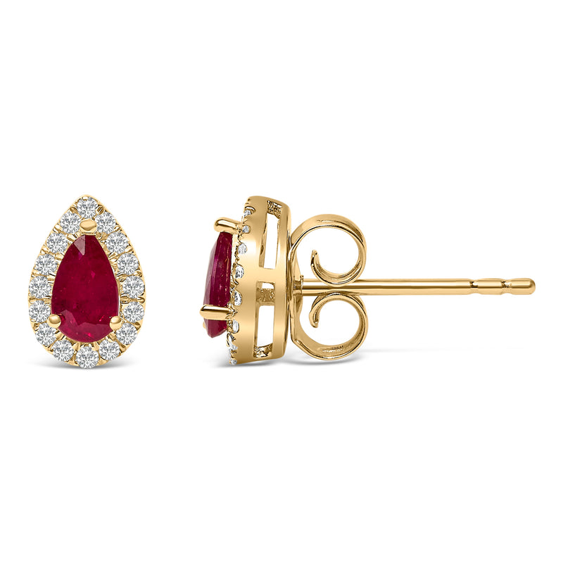 Bids.com 10K Yellow Gold 5X3 MM Pear-Cut Ruby and 1/7 Cttw Diamond Halo Stud Earrings (I-J Color, I1-I2 Clarity) Earrings