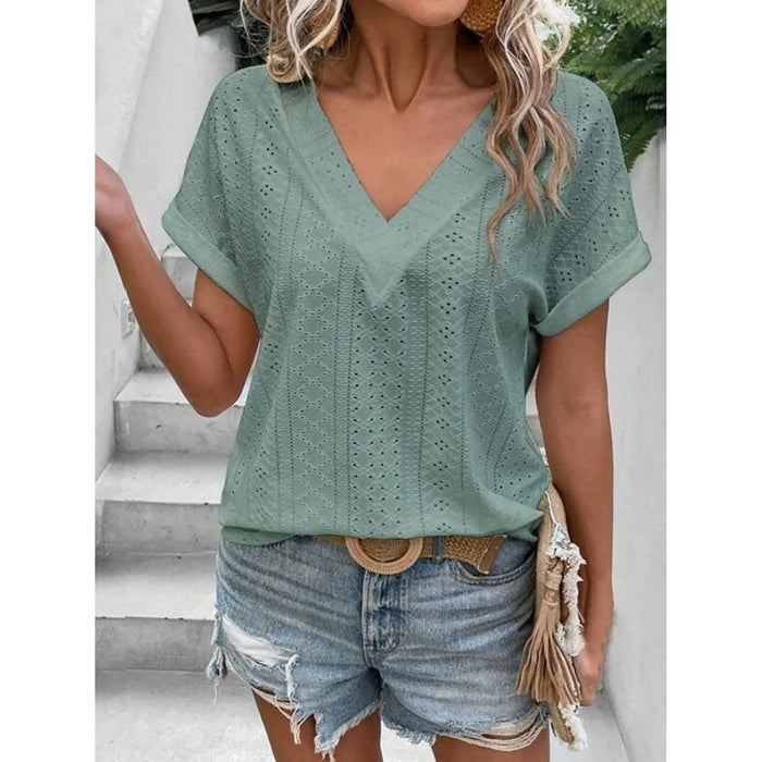 Eyelet V-Neck Short Sleeve Blouse