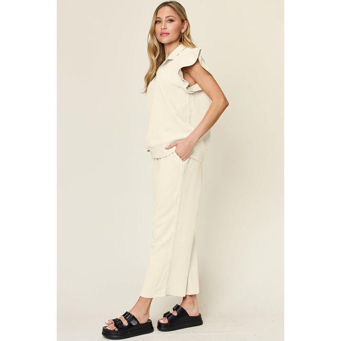 Texture Ruffle Short Sleeve Top and Drawstring Wide Leg Pants Set