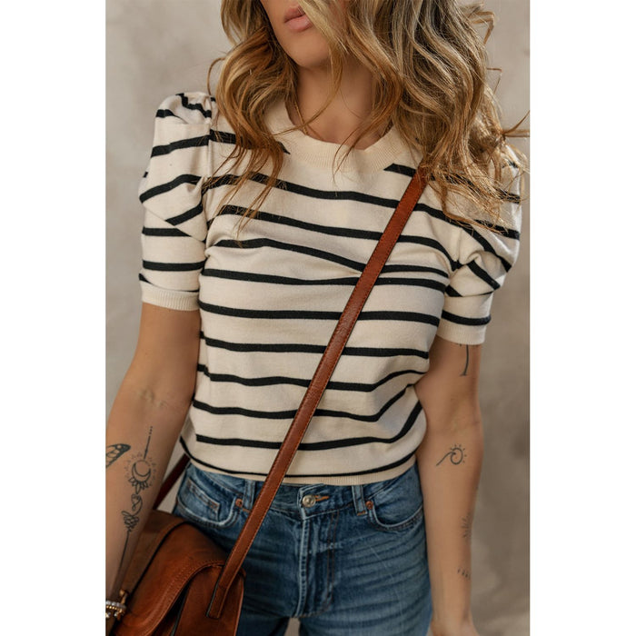 Striped Round Neck Puff Sleeve Knit Top