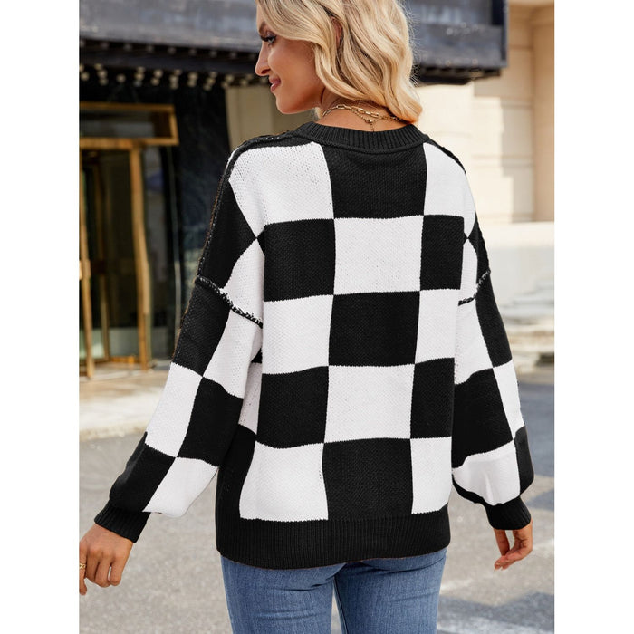 Checkered Round Neck Long Sleeve Sweater