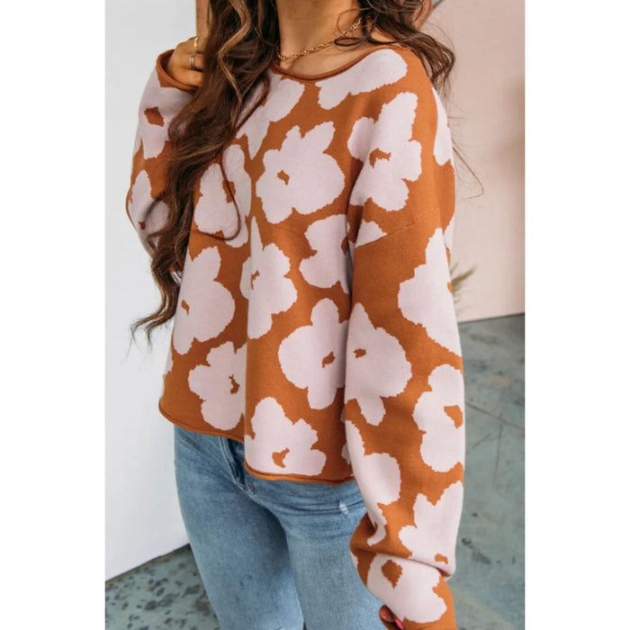 Flower Round Neck Long Sleeve Knit Top