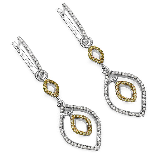 Bids.com 1.00 Carat Genuine White Diamond & Yellow Diamond .925 Sterling Silver Earrings Earrings