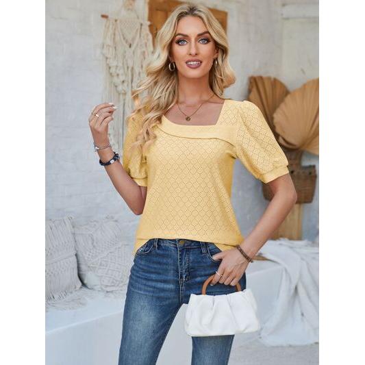 Eyelet Asymmetrical Neck Short Sleeve T-Shirt