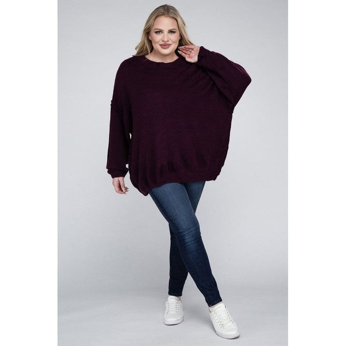 Plus Oversized Round Neck Raw Seam Melange Sweater