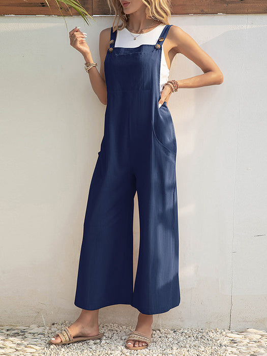 Loose Wide Leg Solid Color Square-Neck Overalls by migunica