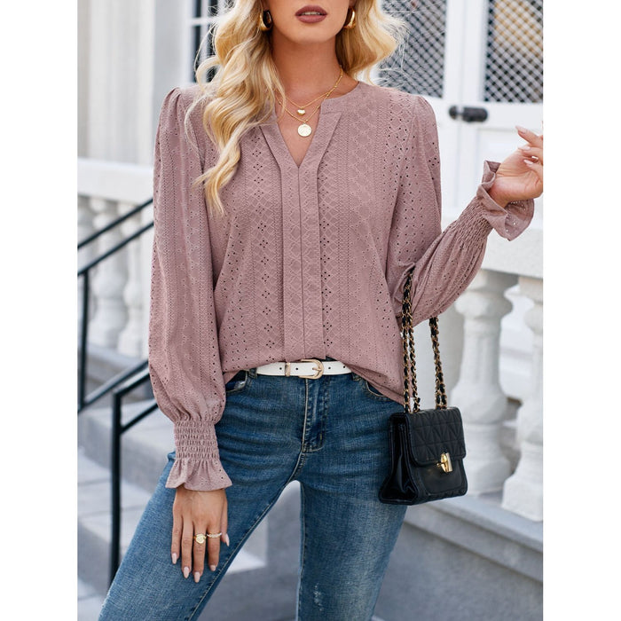 Eyelet Notched Flounce Sleeve Blouse