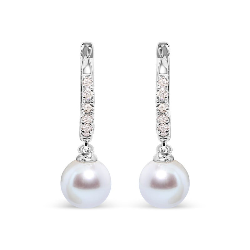 Bids.com 10K White Gold 6x6 MM Cultured Freshwater Pearl and Diamond Accent Drop Huggy Earring (H-I Color, I1-I2 Clarity) Earrings