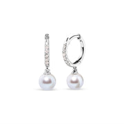 Bids.com 10K White Gold 6x6 MM Cultured Freshwater Pearl and Diamond Accent Drop Huggy Earring (H-I Color, I1-I2 Clarity) Earrings