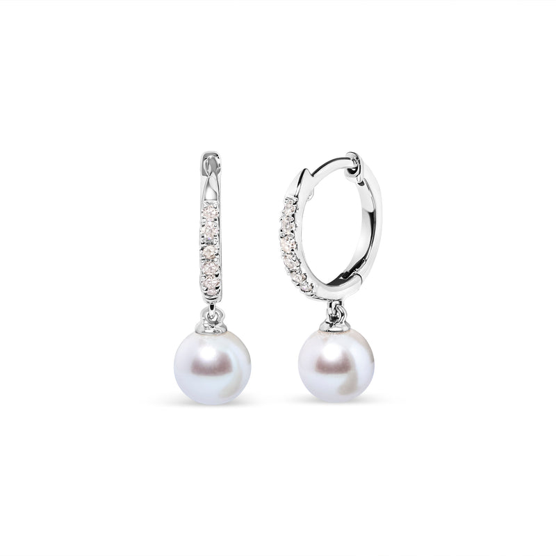 Bids.com 10K White Gold 6x6 MM Cultured Freshwater Pearl and Diamond Accent Drop Huggy Earring (H-I Color, I1-I2 Clarity) Earrings