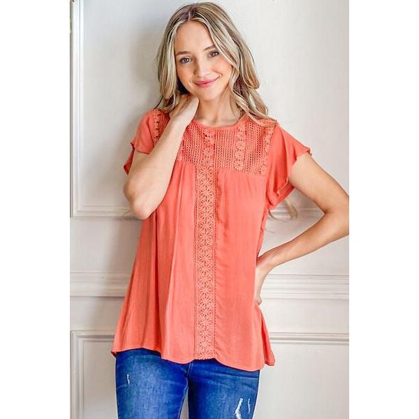 And The Why Lace Detail Ruffle Short Sleeve Blouse