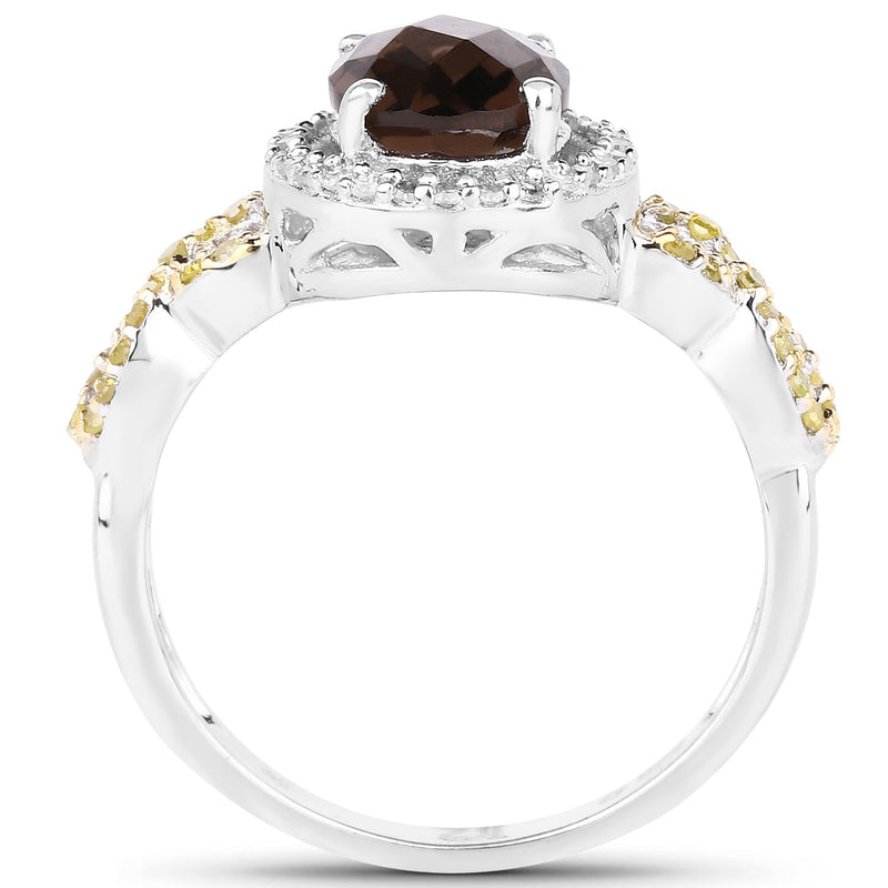 Bids.com 1.90 Carat Genuine Smoky Quartz, Yellow Diamond & White Diamond .925 Sterling Silver Ring Rings
