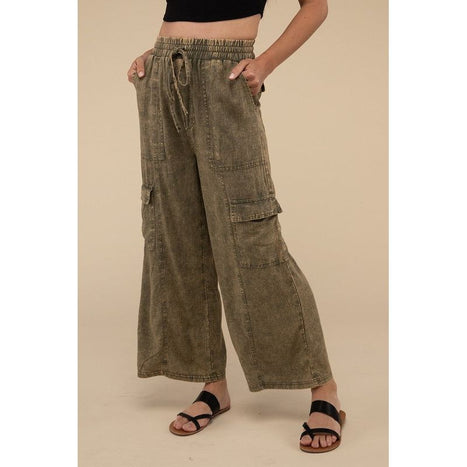 Washed Linen Elastic Band Waist Cargo Pants