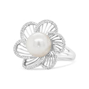 Bids.com 14K White Gold 11mm Round Pearl and 1/3 Cttw Round Diamond Openwork Flower Blossom Ring (H-I Color, VS1-VS2 Clarity) - Size 6.50 Rings White Smoke 6 / White.Gold