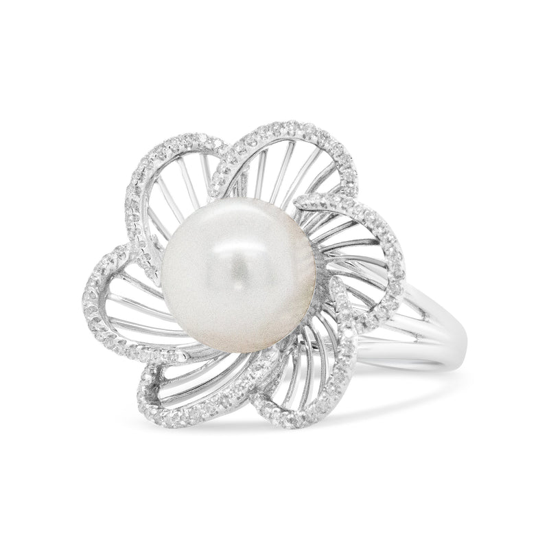 Bids.com 14K White Gold 11mm Round Pearl and 1/3 Cttw Round Diamond Openwork Flower Blossom Ring (H-I Color, VS1-VS2 Clarity) - Size 6.50 Rings White Smoke 6 / White.Gold