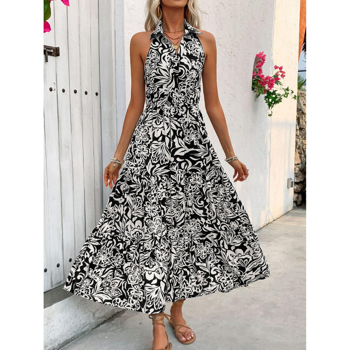 Backless Smocked Printed Sleeveless Midi Dress