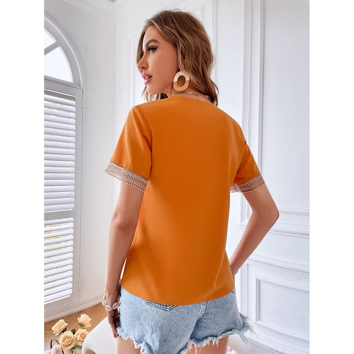 Eyelet V-Neck Short Sleeve T-Shirt