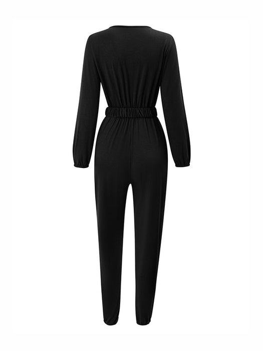 Long Sleeves Belted Elasticity V-Neck Jumpsuits by migunica