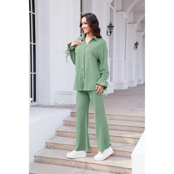 Drawstring Flounce Sleeve Shirt and Pants Set