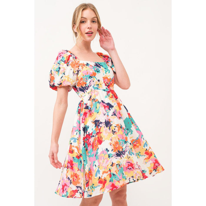 Square Neck Puff Sleeve Floral Dress