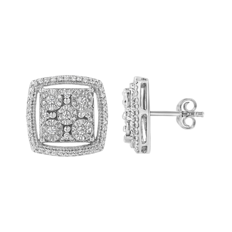 Bids.com .925 Sterling Silver 3/8 Cttw Miracle Set Round Diamond Double Halo Cluster Earrings (I-J Color, I2-I3 Clarity) Earrings