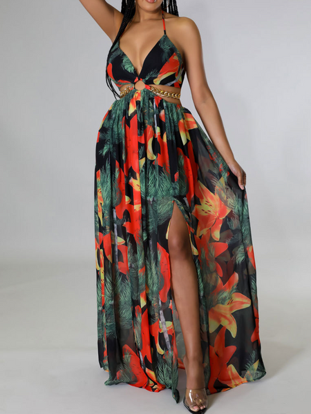 Printed Backless Side Slit Halter Dress H6VE68KF2K