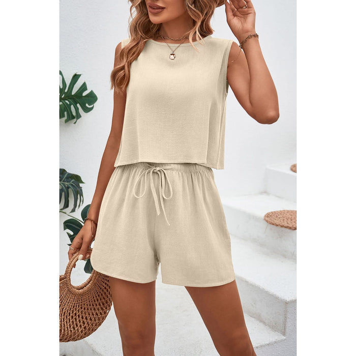 Round Neck Top and Drawstring Shorts Set