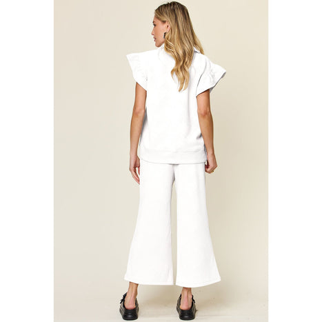 Texture Ruffle Short Sleeve Top and Drawstring Wide Leg Pants Set