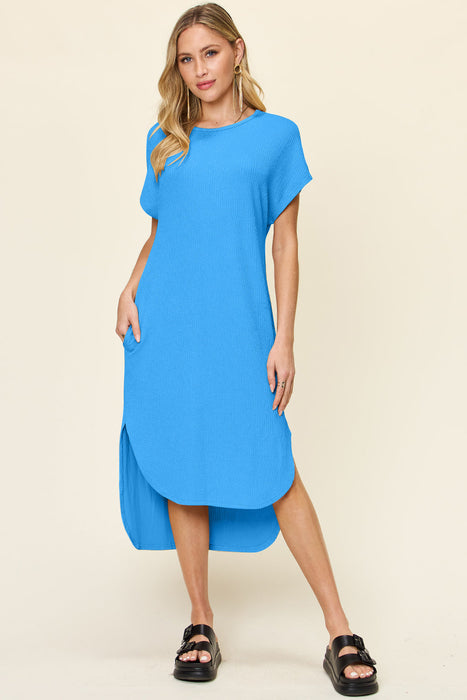 Double Take Round Neck Short Sleeve Slit Dress