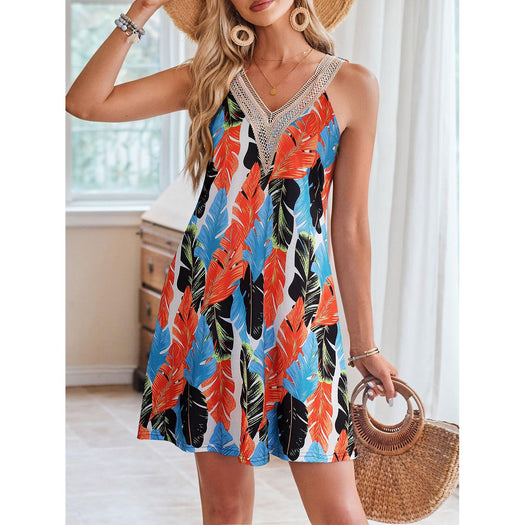 Lace Detail Printed V-Neck Sleeveless Dress