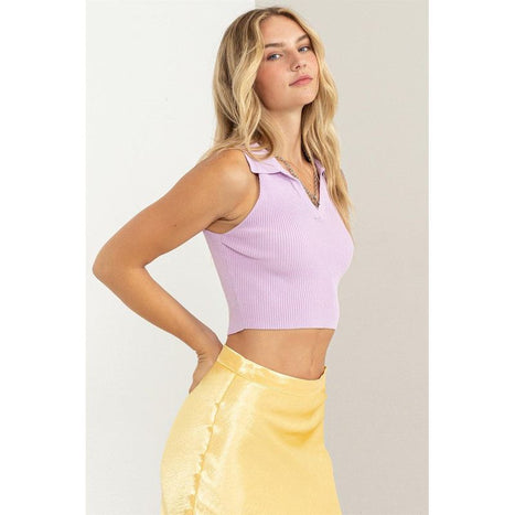 Sleeveless Collared Crop Knit Top