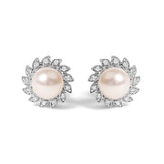 Bids.com 10K White Gold Heirloom-Style Pearl and Diamond Accent Halo Stud Earrings (I-J color, I1-I2 Clarity) Earrings