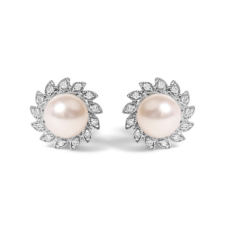 Bids.com 10K White Gold Heirloom-Style Pearl and Diamond Accent Halo Stud Earrings (I-J color, I1-I2 Clarity) Earrings