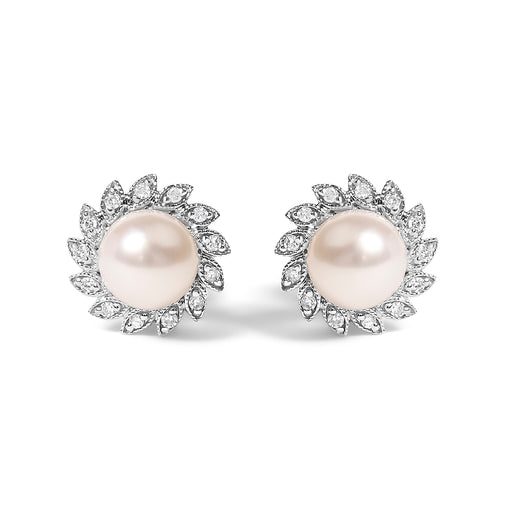 Bids.com 10K White Gold Heirloom-Style Pearl and Diamond Accent Halo Stud Earrings (I-J color, I1-I2 Clarity) Earrings