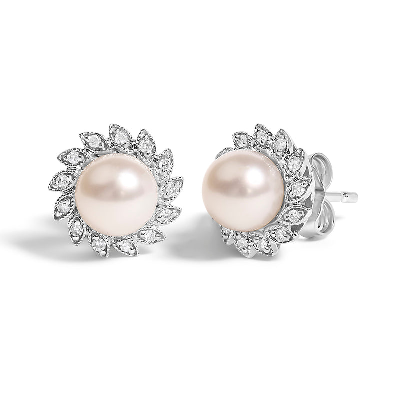 Bids.com 10K White Gold Heirloom-Style Pearl and Diamond Accent Halo Stud Earrings (I-J color, I1-I2 Clarity) Earrings
