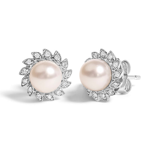 Bids.com 10K White Gold Heirloom-Style Pearl and Diamond Accent Halo Stud Earrings (I-J color, I1-I2 Clarity) Earrings