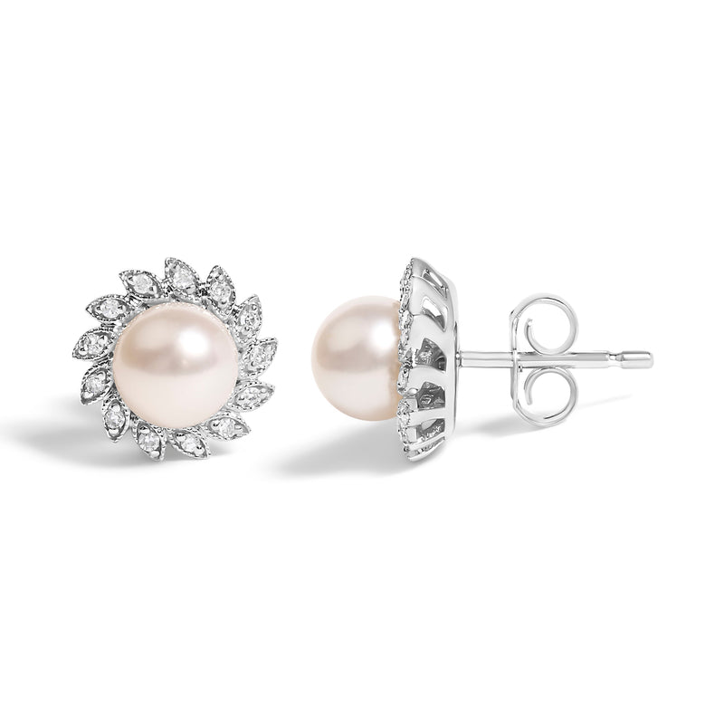Bids.com 10K White Gold Heirloom-Style Pearl and Diamond Accent Halo Stud Earrings (I-J color, I1-I2 Clarity) Earrings