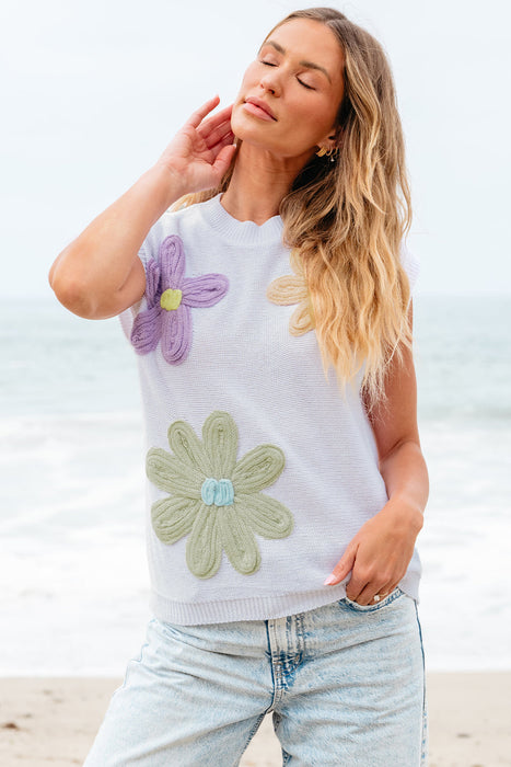 Crochet Flower Knit Short Sleeve Sweater Top