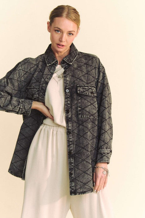 Curved Hem Diamond Quilted Button Up Denim Shacket