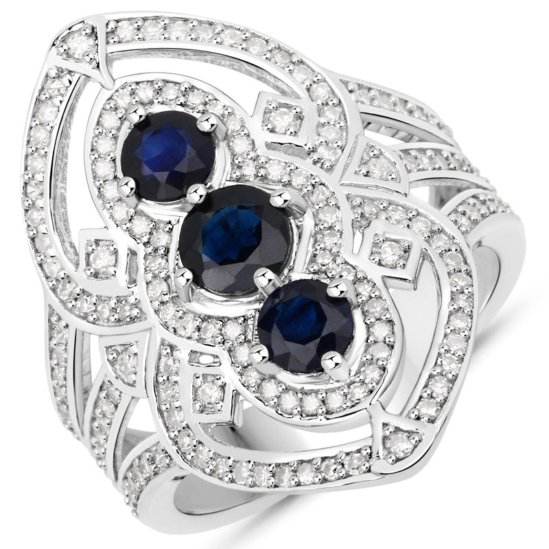 Bids.com 1.76 Carat Genuine Blue Sapphire and White Diamond .925 Sterling Silver Ring Rings