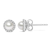 Bids.com 10K White Gold 4.5mm Cultured Freshwater Pearl and 1/7 Cttw Diamond Halo Stud Earring (I-J Color, I1-I2 Clarity) Earrings