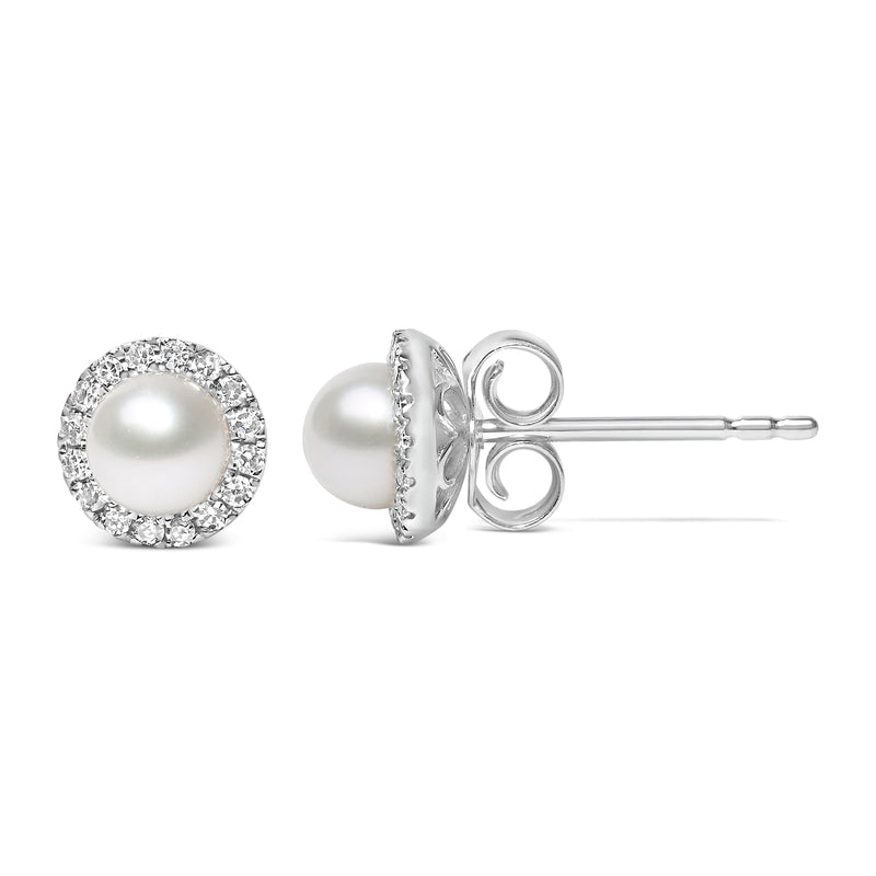 Bids.com 10K White Gold 4.5mm Cultured Freshwater Pearl and 1/7 Cttw Diamond Halo Stud Earring (I-J Color, I1-I2 Clarity) Earrings