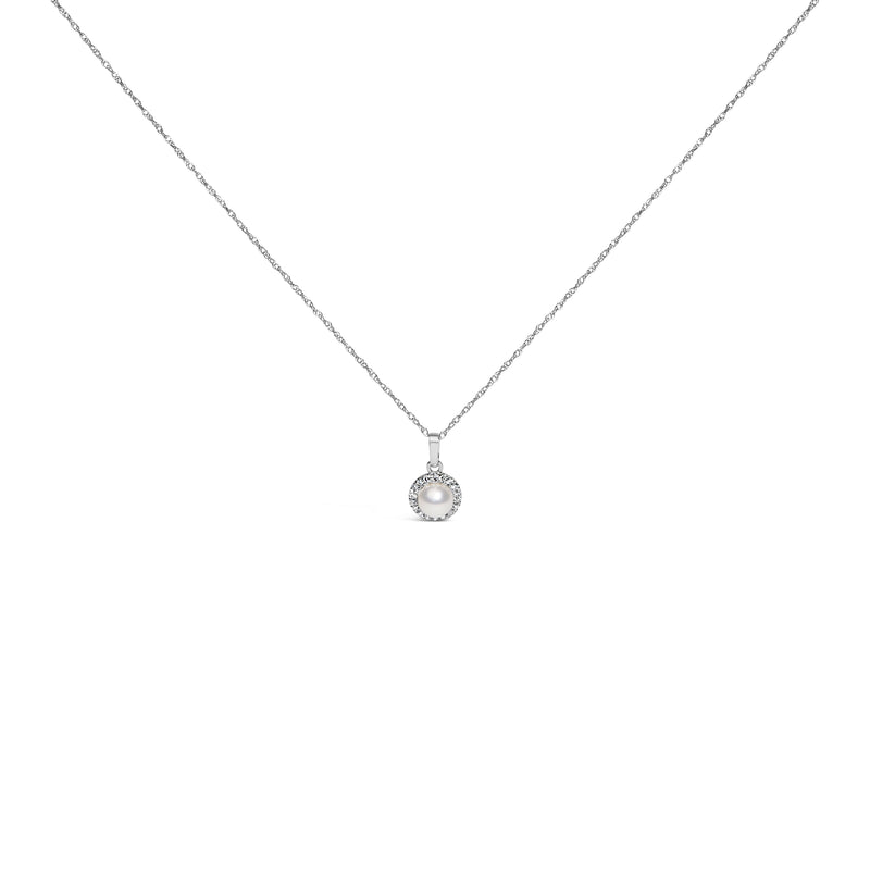 Bids.com 10K White Gold 5MM Cultured Pearl and Diamond Accent Halo Pendant Necklace Necklaces