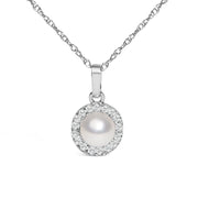 Bids.com 10K White Gold 5MM Cultured Pearl and Diamond Accent Halo Pendant Necklace Necklaces